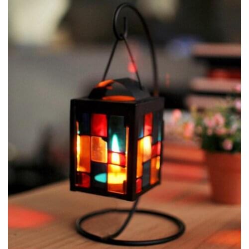Creative Wrought Iron Candle Wind Lamp Candle Holder Home Decoration Wedding Decoration Stained Glass Candle Holder Lamp