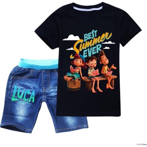 2021 Summer Boys T Shirt +denim Shorts Suit Baby Girls Movie Luca Cartoon Clothing Sets Sport Suits Kids Anime Clothing Sets