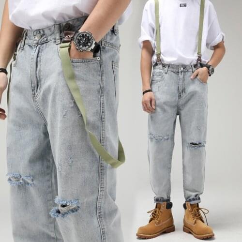 Hole Baggy Ripped Jeans Mens Casual Clothes Suspender Trousers Denim Pants Fashion Men Clothing Jean Bottoms