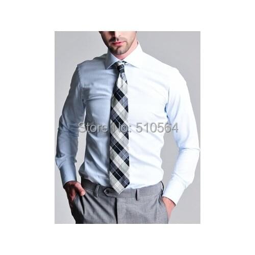Custom made men 100%Cotton shirt Business casual men slim shirt light blue hidden stripe shirt