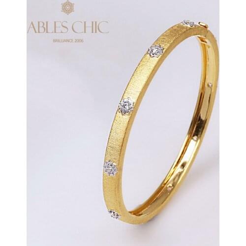 Bezel Set Zircon Flowers Stars Hinge Bangle Brushed Silver Silky Gold Tone 5mm Narrow Band Clasp Vintage Bracelet Fine Jewelry