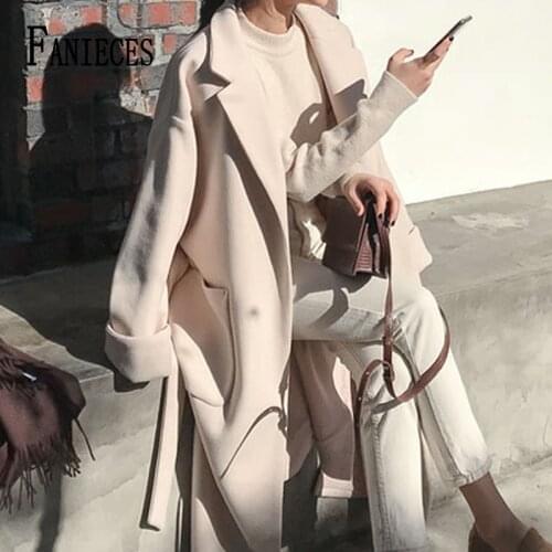 Autumn Winter Womens Coat Long Sleeve Lapel Woolen Cardigan Warm Midi Trench Coat Single-breasted Womens jacket manteau femme