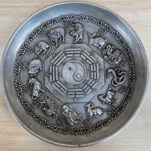 Crafts statue home plate Exquisite workmanship vintage old white copper plated silver zodiac eight diagrams plate