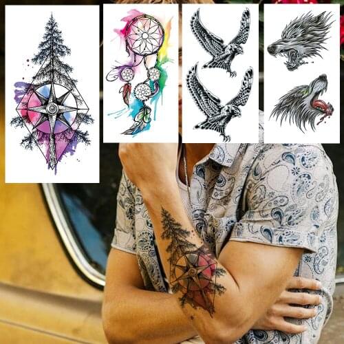 DIY Watercolor Pine Tree Temporary Tattoo For Kids Women Men Dreamcatcher Tattoos Sticker Eagle Compass Tatoos Body Arm Armbands