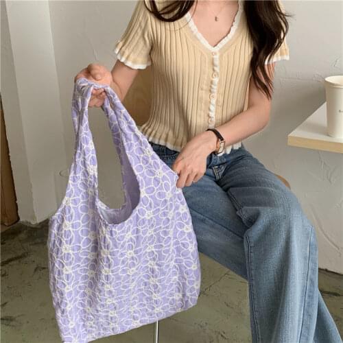 Embroidery Flower Vest Shoulder Bag for Women Large Capacity Shopping Shopper Bags Female Girls Cloth Tote Purse Handbags Bolsos