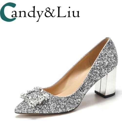 Thick Heel Wedding Shoes Female Crystal Bride Shoes Silver Sequins Pregnant Woman Bright Bridesmaids Square Buckled High Heels