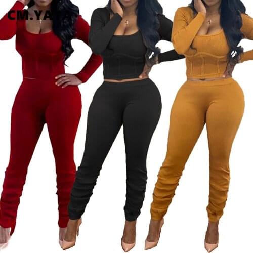 CM.YAYA Activewear Knitted Womens Set Long Sleeve Crop Tops Flare Stacked Pant Set Sporty Tracksuit Fitness Two Piece Outfits