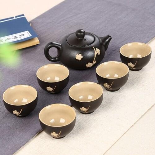 Unique 7pcs Black Pottery Tea Set Ceramic Teapot Porcelain Tea Cups of Chinese Kungfu Tea Ceremony Tea Pot,nice gift collection