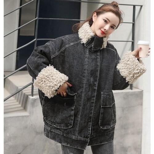Unua amo Winter Denim Coat Women Faux Lambswool Plush Warm Fleece Jacket 2021 Fashion Loose Casual Black Jean Jacket YY014A