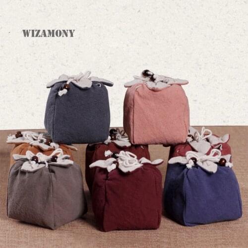 WIZAMONY 9 colors Teacup Jadeware Storage Bags Thicken Draw Cord Handmade Cotton with Soft Nap Hop-pocket Cloth Bag