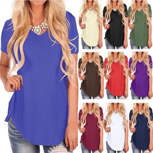 Long Tshirt Casual Top Female Tunic Tops Summer T Shirt Large Sizes Women T-Shirt V Neck Short Sleeve Rounded Hem