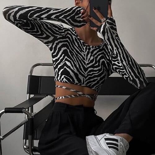 SEASONS Zebra Print Long Sleeve Lace Up Short T-Shirt Women Sexy Backless Skinny Crop Top Fashion Streetwear Autumn ASTS83675