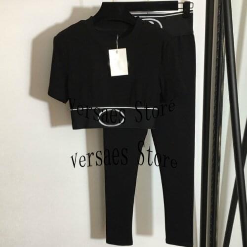 2021 luxury design letter printing fashion womens temperament open waist short sleeve T-shirt + high waist slim Leggings set