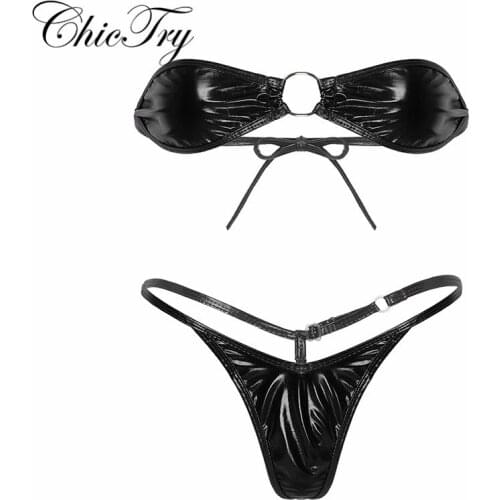 Femme Womens Bikini Beachwear Swimsuits Shiny Metallic Lingerie Set Strapless Tie Back Mini Bra Top with Thong G-String Briefs