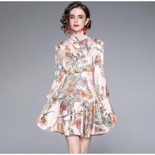 2021 summer Women stand Collar long Sleeve Printed Dresses Casual Streewear Party Holiday Female Vestidos