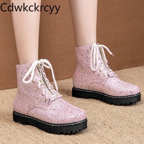 Winter The New fashion Round head Thick bottom Martin boots student Leisure Sequin Plus velvet Keep warm High heel Women boots