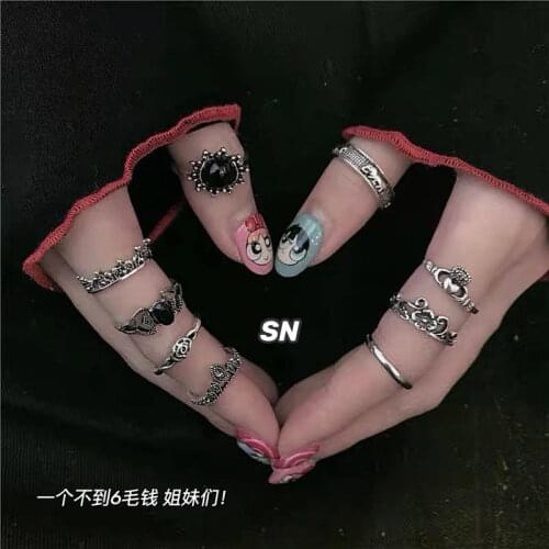 2021 New Y2K Aesthetic 10/pcs Harajuku Style Ring Set Hip-hop Cool Black Heart Crown Ring for Woman Jewelry Wholesale Rings