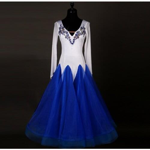 2017 Standard Ballroom Dance competition Dress White Blue Costumes For Women Stage Costumes For Singers Jazz/Waltz/Tango Dresses