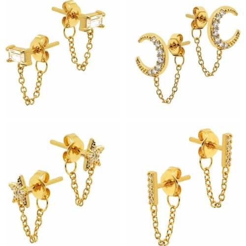 925 Silver Ear Needle Star Moon Crystal Short Chain Stud Earring Piercing Line Pendiente European Luxury Jewelry For Women