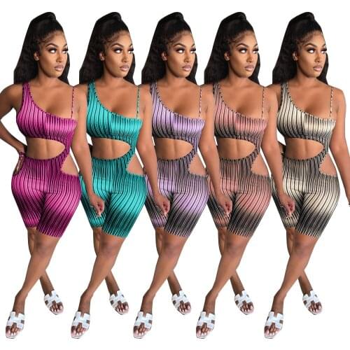 Asymmetric Sexy Short Jumpsuit Clubwear Women Hollow out One Piece Outfit Sleeveless Bodycon Rompers Playsuit for Summer 2021