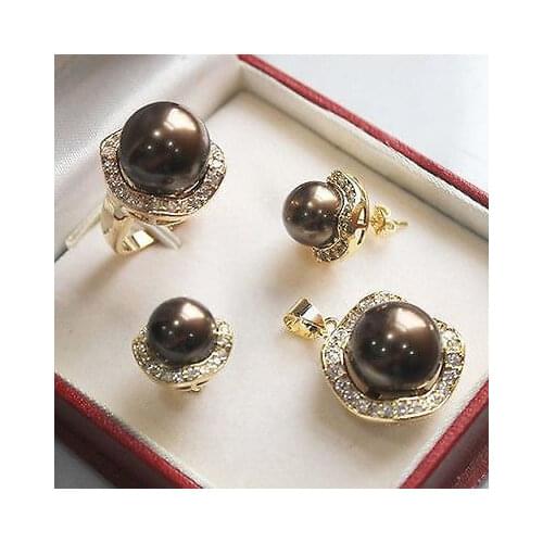 Free deliver Nobility Lucky Women Set 10mm &14mm brown South sea Shell Pearl Earrings Necklace Ring 6 7 8 9# hook