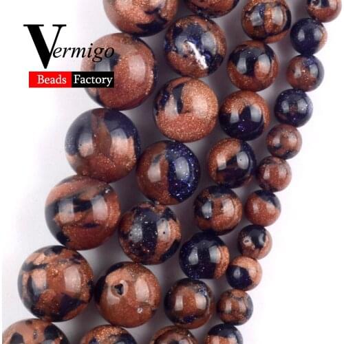 Natural Minerals Gem Gold Blue Sand Stone Beads For Jewelry Making Round Spacer Beads 6 8 10 12mm Diy Bracelets Accessories 15"