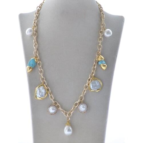 Z10559 19" 15mm White Egg Shell Coin Pearl Turquoise Necklace Chain Pendant