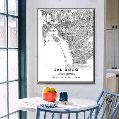 Black and White World City Map SAN DIEGO Wall Art Canvas Poster Prints Nordic Style Paintings Picture for Living Room