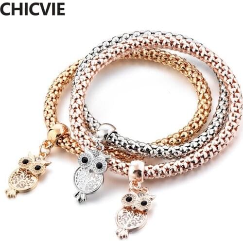 CHICVIE Fashion Women 3Pcs Gold Silver Rose Gold Animal Bracelets & Bangles Charms For Women Set owl Jewelry Bracelet SBR180090
