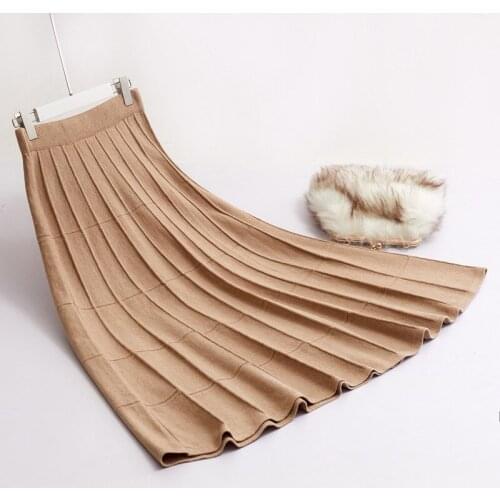 Winter Long Knit Skirts Warm Cashere Blend Plaid Knitted A-line Big Flared Maxi Long Skirts 90cm Coffee Gray Beige Khaki