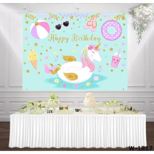 Unicorn Swimming Pool Party Birthday Party Girl Backdrop Photocall Turquoise Light Blue Background Icecream Summer Backdrops