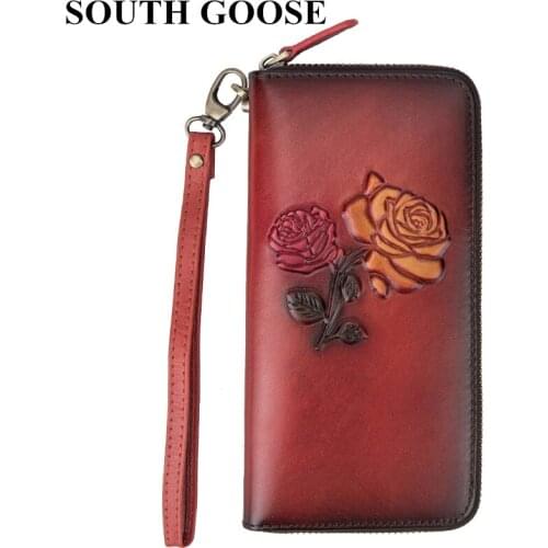 SOUTH GOOSE Genuine Leather Women Clutch Wallet Female Long Zipper Purse Floral Printing Strap Money Bag Card Holder Coin Purse
