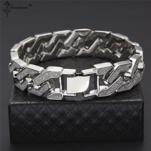 Ice Out Chain Bracelet Cuban Chain Link Alloy Bracelet Heavy 16mm Mens Womens Bracelet Jewelry Silver Color Metal Men 22.5cm