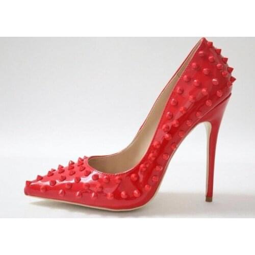 Moraima Snc Woman Party Fashion Shoes Rivets Pointed Toe High Heel Pumps Sexy Thin Heels Dress Shoe Ladies Pumps Pink Red