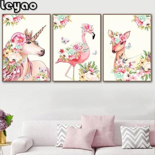 3 Pieces 5D Diy diamond painting rhinestone cross stitch Unicorn Flamingo With Flower deer diamond embroidery mosaic decor