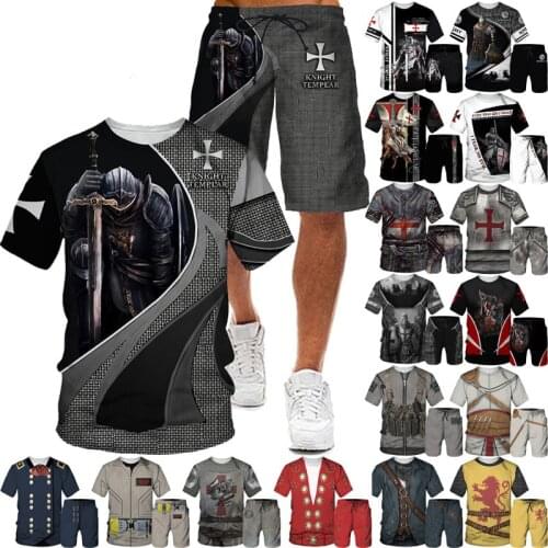Knights Templar Men Set Summer Fashion Short Sleeve +Beach Shorts Knights Templar Streetwear Harajuku Casual T shirt Shorts