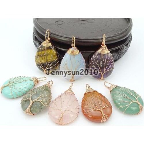 Natural Gems Stone Reiki Chakra Beads Tree of Life Healing Copper Pendant Necklace 10Pcs/Pack