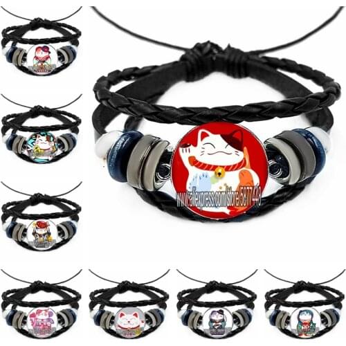 New Simple Cute Glass Lucky Cat Bracelet Hand-woven Bangle for Women Girls Jewelry Gift Multi Layers Weave Punk Charm Bracelets