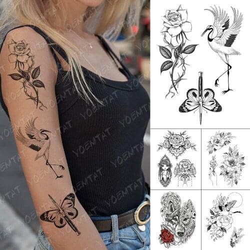 Waterproof Temporary Tattoo Sticker Old School Rose Sword Moth Flash Tattoos Wolf Lace Body Art Arm Fake Tatoo Women Men