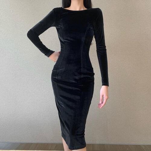Sexy Women Autumn Long Sleeve O Neck Backless Bowknot Ribbob Midi Bodycon Dress Party Office Dresses for Women Vintage Vestidos
