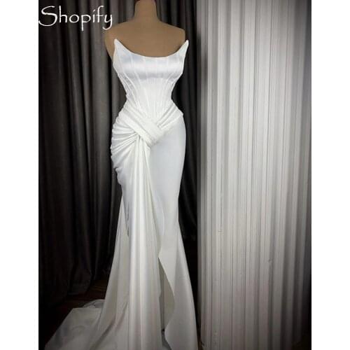 Simple Long White Evening Dresss 2020 Strapless Elegant Skinny Pleat African Women Satin Formal Party Night Gowns