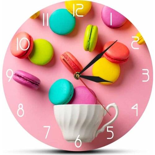 Colorful Macaron Dessert Printed Acrylic Wall Hanging Clock With Pink Background Girls Room Decor Wall Watch Sweet Food Design
