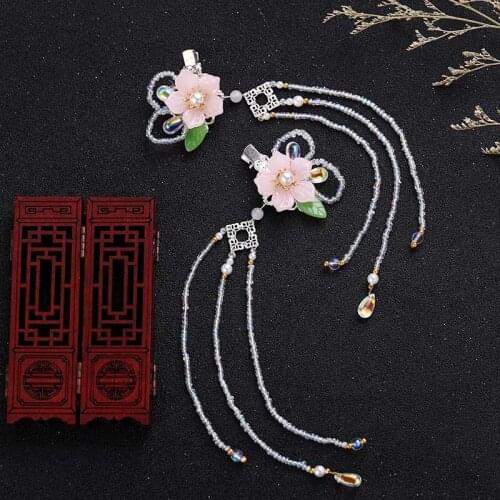 Retro Ancient Hanfu Headdress Long Tassel Step Shake Hairclip Pink Flowers Shape Hairpins Girl Headpiece BN