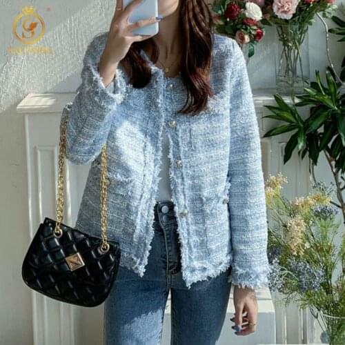 SMTHMA New Fashion Spring Autumn Tweed Jackets Women Single Breasted Elegant Office Lady Woolen Coats Casual Vintage Outwear