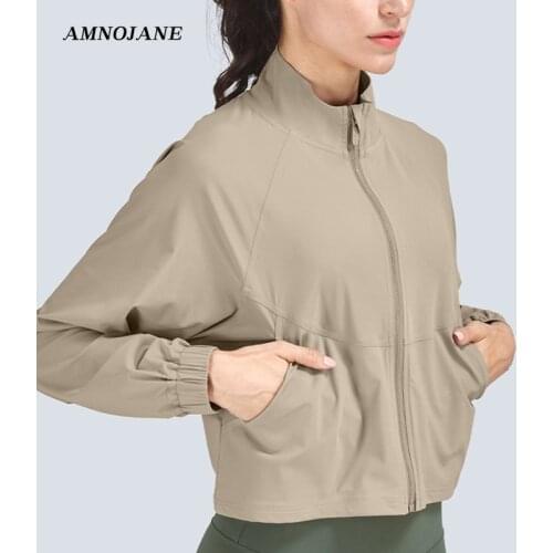 Gym Yoga Top With Pockets Anti-Crease Sport Jacket Women Lightweight Quick-Dry Fitness Shirt Stand-up Collar Zip Running Jackets