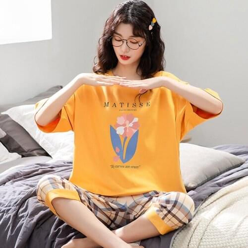Korean Kawaii Floral Yellow Short Sleeve Pajamas Cotton Summer Plus Size M-5XL Women Homewear Plaid Calf-Length Pants Sleepwear