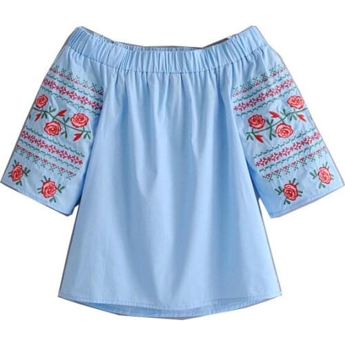Bella Philosophy 2018 off-shoulder embroidery shirt floral sweet slash neck blouse blue basic