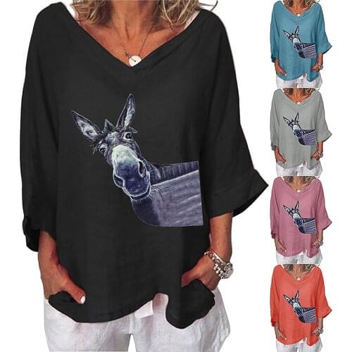 Ladies Loose T-shirt Top Autumn Winter Fashion Women V-Neck Fun Donkey Pattern Printed Long Sleeves T-shirt Tops Wholesale