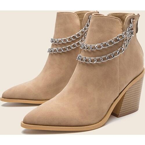 Women Ankle Boots Winter Warm Shoes 2021 New Women Cowboy Chunky Booties Fashion 8cm High Heels Black Beige Leather Chain Boots