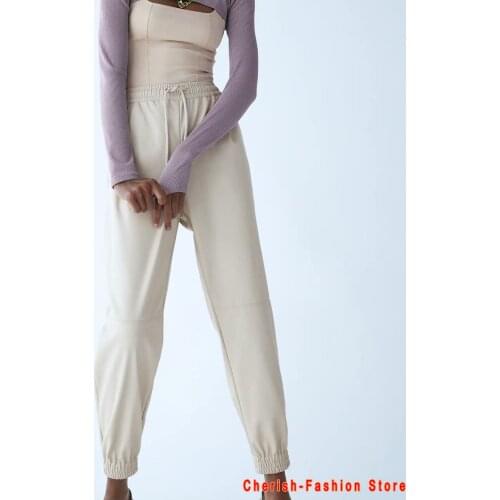 Women RedChic PU Leather Pants Elastic Waist Long Length Elegant Bottoms Drawstring Tie Pockets Basic Female Trousers Sexy Club